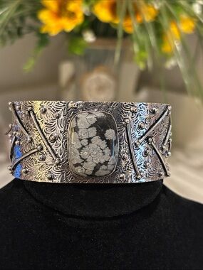Handcrafted Silver Cuff Bracelet Snowflake Obsidian Gemstone - Adjustable